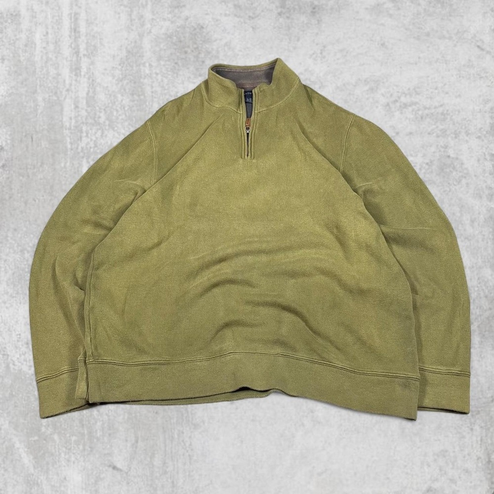 Lands End Mens Large Tall Olive Green Quarter Zip Ribbed Pullover Sweater